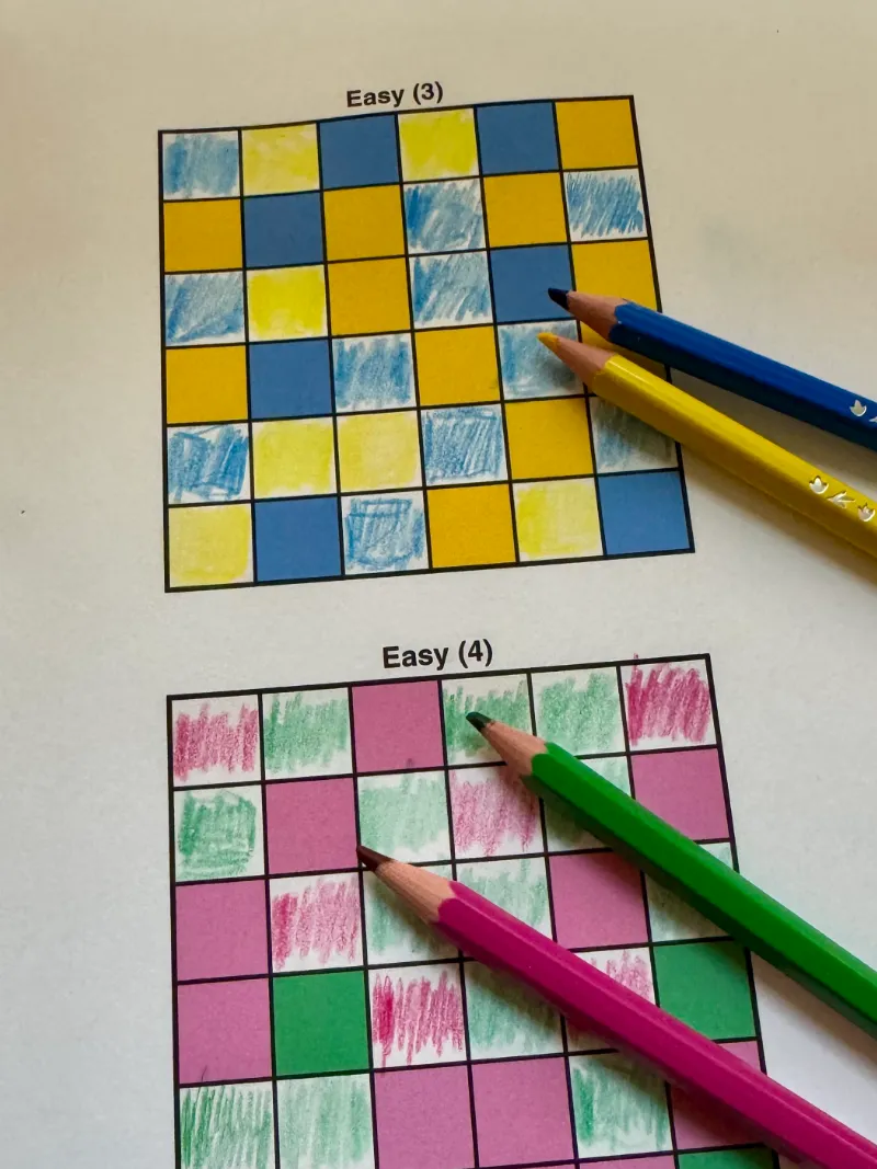 6x6 sample colored. Color binary puzzle book for kids