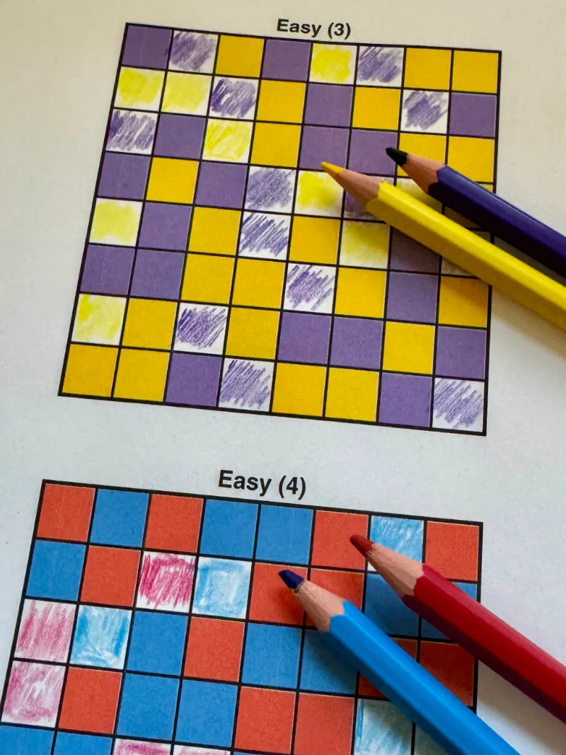 8x8 sample colored. Color binary puzzle book for kids